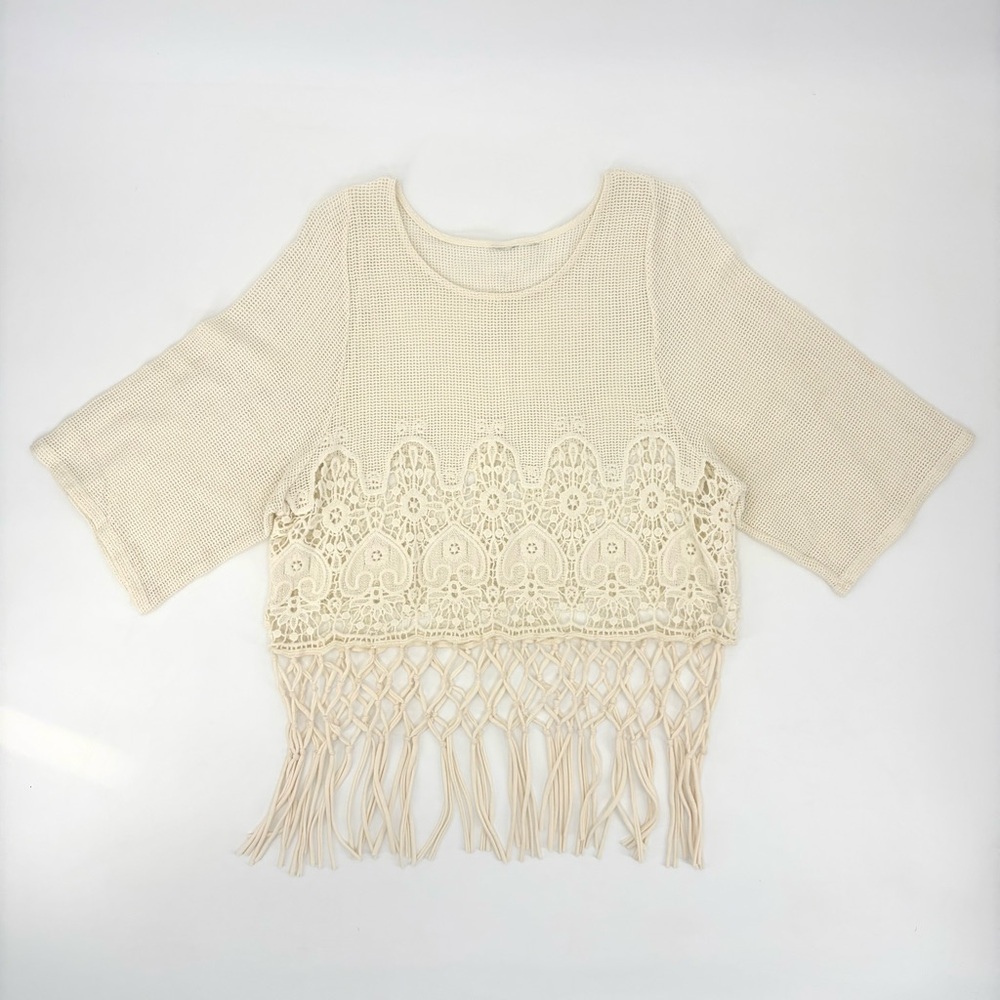Crochet Fringe Crop Top Boho Festival Coastal Cowgirl Lace Knit Whimsy Fairy